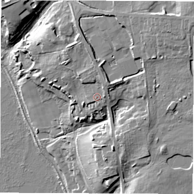 Shaded relief map of the ground around SO517LE, computed from Environment Agency LiDAR. The ground here sits at about 38 m above sea level and falls 31 m across the surrounding 800 m. Surface water reaching this point runs off ground lying to the north-east, 3.3 m higher.