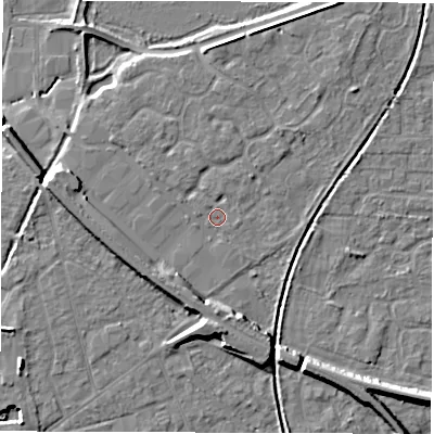 Shaded relief map of the ground around SO517LP, computed from Environment Agency LiDAR. The ground here sits at about 18 m above sea level and falls 7 m across the surrounding 800 m. Surface water reaching this point runs off ground lying to the south-south-west, 4.1 m higher.