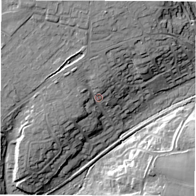 Shaded relief map of the ground around SO517LX, computed from Environment Agency LiDAR. The ground here sits at about 33 m above sea level and falls 23 m across the surrounding 800 m. Surface water reaching this point runs off ground lying to the north-west, 8.2 m higher.