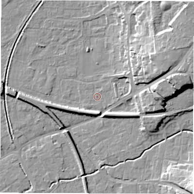 Shaded relief map of the ground around SO517QN, computed from Environment Agency LiDAR. The ground here sits at about 18 m above sea level and falls 22 m across the surrounding 800 m. Surface water reaching this point runs off ground lying to the north-east, 20.6 m higher.