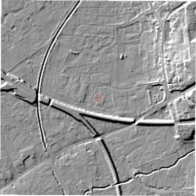 Shaded relief map of the ground around SO517QT, computed from Environment Agency LiDAR. The ground here sits at about 17 m above sea level and falls 20 m across the surrounding 800 m. Surface water reaching this point runs off ground lying to the south-west, 5.1 m higher.