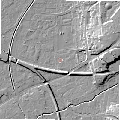 Shaded relief map of the ground around SO517QU, computed from Environment Agency LiDAR. The ground here sits at about 18 m above sea level and falls 21 m across the surrounding 800 m. Surface water reaching this point runs off ground lying to the south-west, 5.4 m higher.