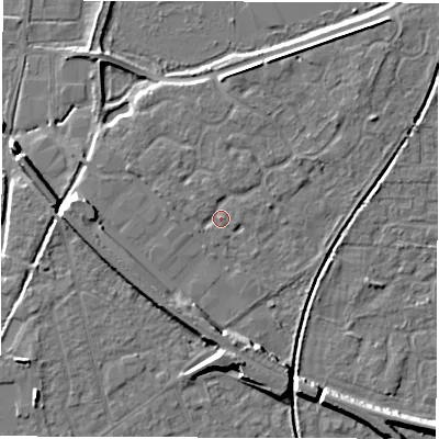 Shaded relief map of the ground around SO517RY, computed from Environment Agency LiDAR. The ground here sits at about 18 m above sea level and falls 7 m across the surrounding 800 m. Surface water reaching this point runs off ground lying to the south, 4.1 m higher.