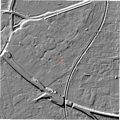 Shaded relief map of the ground around SO517SA, computed from Environment Agency LiDAR. The ground here sits at about 18 m above sea level and falls 7 m across the surrounding 800 m. Surface water reaching this point runs off ground lying to the south-south-west, 4.1 m higher.