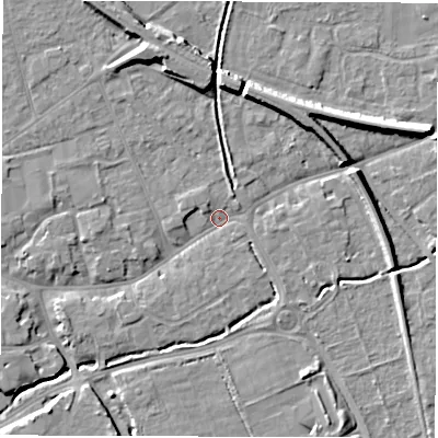 Shaded relief map of the ground around SO518AA, computed from Environment Agency LiDAR. The ground here sits at about 17 m above sea level and falls 10 m across the surrounding 800 m. Surface water reaching this point runs off ground lying to the north-north-west, 6.6 m higher.