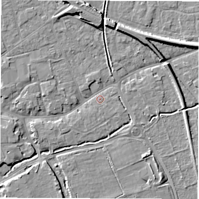 Shaded relief map of the ground around SO518AB, computed from Environment Agency LiDAR. The ground here sits at about 17 m above sea level and falls 10 m across the surrounding 800 m. Surface water reaching this point runs off ground lying to the east-south-east, 1.5 m higher.
