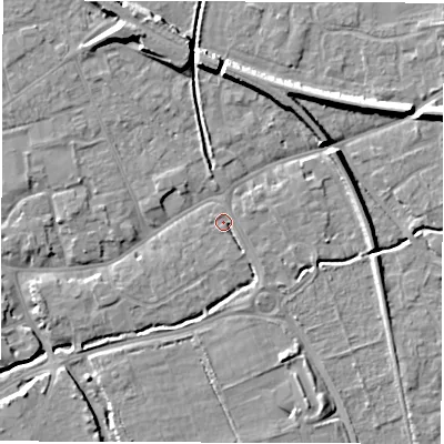 Shaded relief map of the ground around SO518AD, computed from Environment Agency LiDAR. The ground here sits at about 17 m above sea level and falls 10 m across the surrounding 800 m. Surface water reaching this point runs off ground lying to the south-east, 1.5 m higher.
