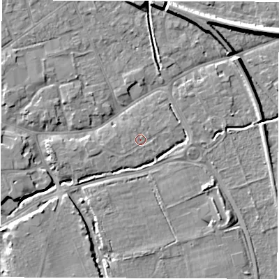 Shaded relief map of the ground around SO518AE, computed from Environment Agency LiDAR. The ground here sits at about 17 m above sea level and falls 10 m across the surrounding 800 m. The ground contributing surface water to this point lies to the west.