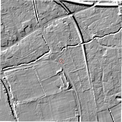 Shaded relief map of the ground around SO518AF, computed from Environment Agency LiDAR. The ground here sits at about 17 m above sea level and falls 11 m across the surrounding 800 m. Surface water reaching this point runs off ground lying to the south-south-west, 2.3 m higher.