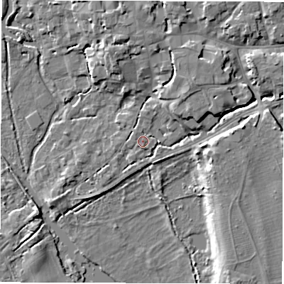 Shaded relief map of the ground around SO518AJ, computed from Environment Agency LiDAR. The ground here sits at about 13 m above sea level and falls 8 m across the surrounding 800 m. Surface water reaching this point runs off ground lying to the north-north-west, 0.7 m higher.