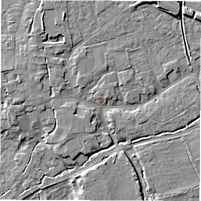 Shaded relief map of the ground around SO518BX, computed from Environment Agency LiDAR. The ground here sits at about 17 m above sea level and falls 11 m across the surrounding 800 m. Surface water reaching this point runs off ground lying to the north-east, 2.4 m higher.