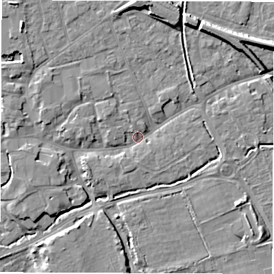 Shaded relief map of the ground around SO518BY, computed from Environment Agency LiDAR. The ground here sits at about 17 m above sea level and falls 11 m across the surrounding 800 m. Surface water reaching this point runs off ground lying to the north, 6.7 m higher.