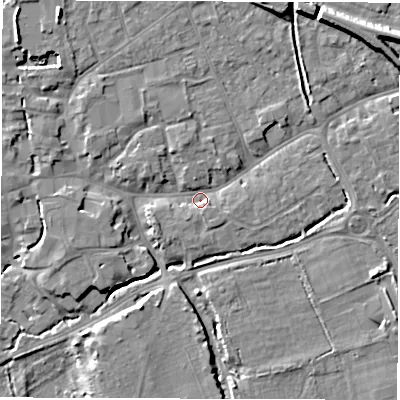 Shaded relief map of the ground around SO518BZ, computed from Environment Agency LiDAR. The ground here sits at about 16 m above sea level and falls 11 m across the surrounding 800 m. Surface water reaching this point runs off ground lying to the north-north-east, 5.6 m higher.
