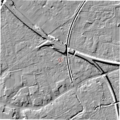 Shaded relief map of the ground around SO518DY, computed from Environment Agency LiDAR. The ground here sits at about 18 m above sea level and falls 8 m across the surrounding 800 m. Surface water reaching this point runs off ground lying to the north-north-west, 5.3 m higher.