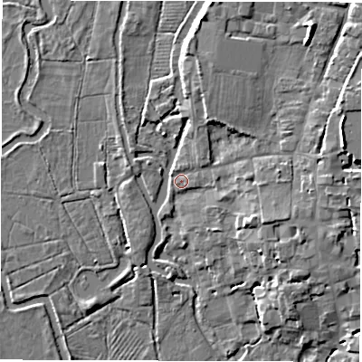 Shaded relief map of the ground around SO518EQ, computed from Environment Agency LiDAR. The ground here sits at about 14 m above sea level and falls 9 m across the surrounding 800 m. Surface water reaching this point runs off ground lying to the east-north-east, 6.4 m higher.