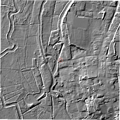Shaded relief map of the ground around SO518ER, computed from Environment Agency LiDAR. The ground here sits at about 14 m above sea level and falls 9 m across the surrounding 800 m. Surface water reaching this point runs off ground lying to the east, 6.3 m higher.
