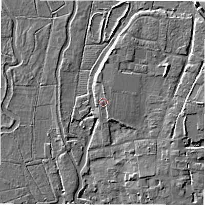 Shaded relief map of the ground around SO518ES, computed from Environment Agency LiDAR. The ground here sits at about 17 m above sea level and falls 10 m across the surrounding 800 m. Surface water reaching this point runs off ground lying to the north, 1.6 m higher.