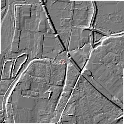 Shaded relief map of the ground around SO518FH, computed from Environment Agency LiDAR. The ground here sits at about 16 m above sea level and falls 9 m across the surrounding 800 m. Surface water reaching this point runs off ground lying to the east-south-east, 5.8 m higher.