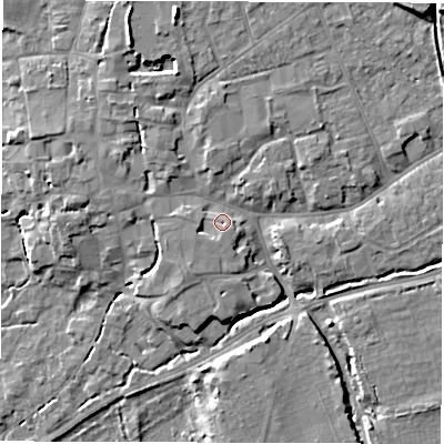 Shaded relief map of the ground around SO518GE, computed from Environment Agency LiDAR. The ground here sits at about 17 m above sea level and falls 11 m across the surrounding 800 m. Surface water reaching this point runs off ground lying to the south-south-east, 1.7 m higher.