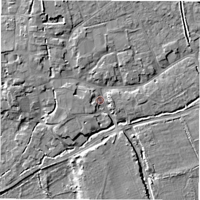 Shaded relief map of the ground around SO518GF, computed from Environment Agency LiDAR. The ground here sits at about 16 m above sea level and falls 10 m across the surrounding 800 m. Surface water reaching this point runs off ground lying to the north-north-east, 3.6 m higher.