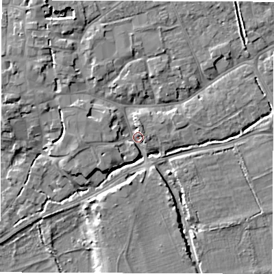Shaded relief map of the ground around SO518GG, computed from Environment Agency LiDAR. The ground here sits at about 16 m above sea level and falls 9 m across the surrounding 800 m. Surface water reaching this point runs off ground lying to the north-north-west, 4.7 m higher.