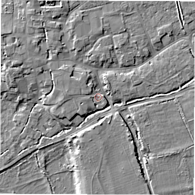 Shaded relief map of the ground around SO518GH, computed from Environment Agency LiDAR. The ground here sits at about 16 m above sea level and falls 9 m across the surrounding 800 m. Surface water reaching this point runs off ground lying to the west, 2.5 m higher.