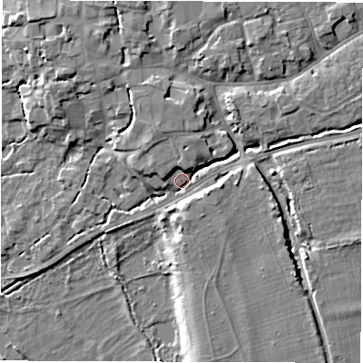 Shaded relief map of the ground around SO518GP, computed from Environment Agency LiDAR. The ground here sits at about 15 m above sea level and falls 9 m across the surrounding 800 m. Surface water reaching this point runs off ground lying to the north-north-east, 5.6 m higher.