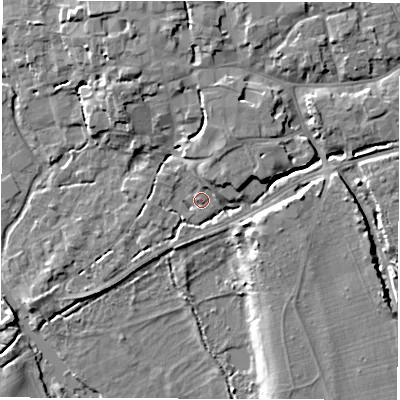 Shaded relief map of the ground around SO518GQ, computed from Environment Agency LiDAR. The ground here sits at about 14 m above sea level and falls 9 m across the surrounding 800 m. Surface water reaching this point runs off ground lying to the north-north-east, 4.2 m higher.