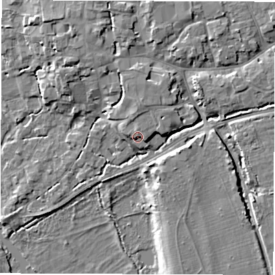 Shaded relief map of the ground around SO518GU, computed from Environment Agency LiDAR. The ground here sits at about 16 m above sea level and falls 8 m across the surrounding 800 m. Surface water reaching this point runs off ground lying to the north, 2.0 m higher.