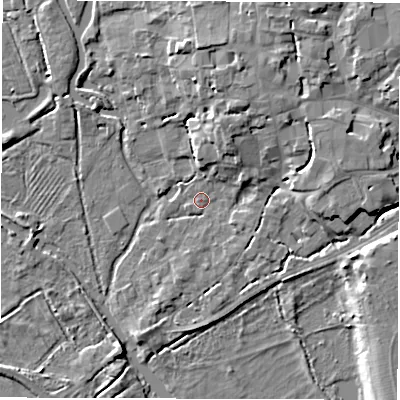 Shaded relief map of the ground around SO518GX, computed from Environment Agency LiDAR. The ground here sits at about 12 m above sea level and falls 8 m across the surrounding 800 m. Surface water reaching this point runs off ground lying to the north-north-east, 4.9 m higher.