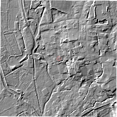 Shaded relief map of the ground around SO518HB, computed from Environment Agency LiDAR. The ground here sits at about 14 m above sea level and falls 11 m across the surrounding 800 m. Surface water reaching this point runs off ground lying to the north-east, 4.8 m higher.