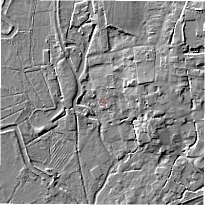 Shaded relief map of the ground around SO518HD, computed from Environment Agency LiDAR. The ground here sits at about 13 m above sea level and falls 10 m across the surrounding 800 m. Surface water reaching this point runs off ground lying to the north-east, 2.5 m higher.