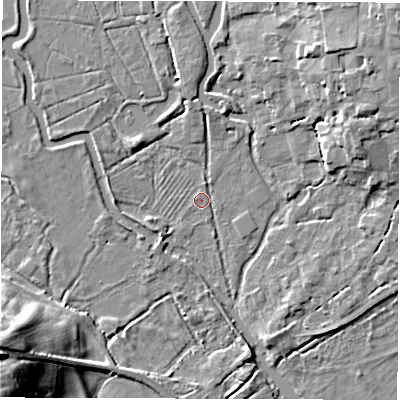 Shaded relief map of the ground around SO518HE, computed from Environment Agency LiDAR. The ground here sits at about 12 m above sea level and falls 26 m across the surrounding 800 m. Surface water reaching this point runs off ground lying to the north, 2.9 m higher.