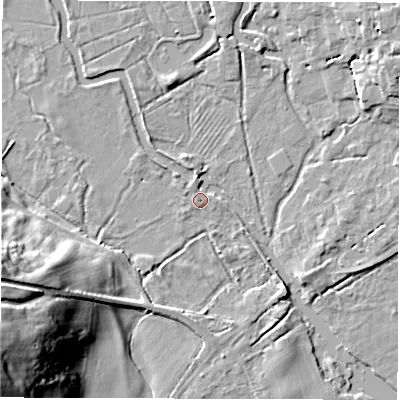 Shaded relief map of the ground around SO518HF, computed from Environment Agency LiDAR. The ground here sits at about 12 m above sea level and falls 30 m across the surrounding 800 m. Surface water reaching this point runs off ground lying to the west-south-west, 25.4 m higher.