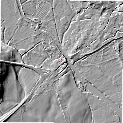 Shaded relief map of the ground around SO518HG, computed from Environment Agency LiDAR. The ground here sits at about 12 m above sea level and falls 14 m across the surrounding 800 m. Surface water reaching this point runs off ground lying to the west, 12.4 m higher.