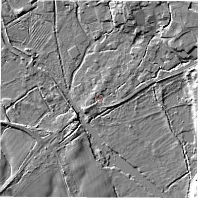 Shaded relief map of the ground around SO518HH, computed from Environment Agency LiDAR. The ground here sits at about 12 m above sea level and falls 8 m across the surrounding 800 m. Surface water reaching this point runs off ground lying to the north-east, 6.5 m higher.
