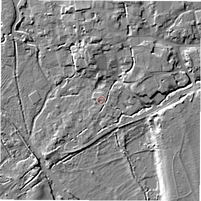 Shaded relief map of the ground around SO518HJ, computed from Environment Agency LiDAR. The ground here sits at about 13 m above sea level and falls 8 m across the surrounding 800 m. Surface water reaching this point runs off ground lying to the south-east, 0.8 m higher.