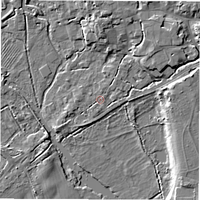 Shaded relief map of the ground around SO518HL, computed from Environment Agency LiDAR. The ground here sits at about 13 m above sea level and falls 8 m across the surrounding 800 m. Surface water reaching this point runs off ground lying to the north-east, 1.6 m higher.