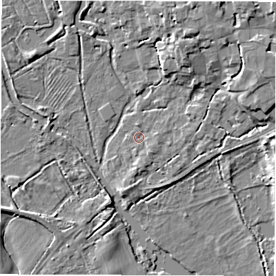 Shaded relief map of the ground around SO518HN, computed from Environment Agency LiDAR. The ground here sits at about 12 m above sea level and falls 8 m across the surrounding 800 m. Surface water reaching this point runs off ground lying to the south-east, 1.2 m higher.