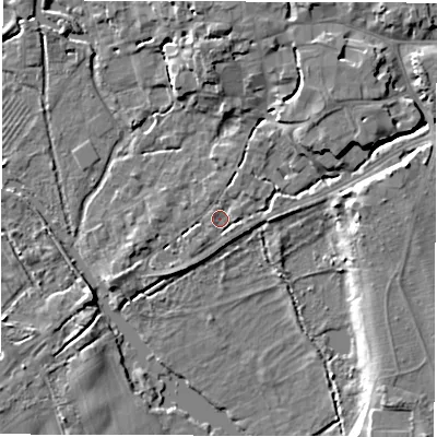 Shaded relief map of the ground around SO518HP, computed from Environment Agency LiDAR. The ground here sits at about 12 m above sea level and falls 8 m across the surrounding 800 m. Surface water reaching this point runs off ground lying to the east-north-east, 6.4 m higher.