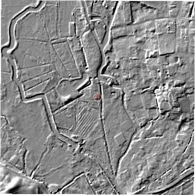 Shaded relief map of the ground around SO518HQ, computed from Environment Agency LiDAR. The ground here sits at about 13 m above sea level and falls 18 m across the surrounding 800 m. Surface water reaching this point runs off ground lying to the north-north-east, 2.1 m higher.