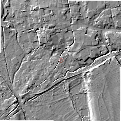 Shaded relief map of the ground around SO518HR, computed from Environment Agency LiDAR. The ground here sits at about 13 m above sea level and falls 9 m across the surrounding 800 m. Surface water reaching this point runs off ground lying to the north-east, 5.4 m higher.