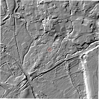 Shaded relief map of the ground around SO518HT, computed from Environment Agency LiDAR. The ground here sits at about 13 m above sea level and falls 8 m across the surrounding 800 m. Surface water reaching this point runs off ground lying to the east, 1.3 m higher.