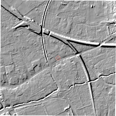 Shaded relief map of the ground around SO518JA, computed from Environment Agency LiDAR. The ground here sits at about 17 m above sea level and falls 10 m across the surrounding 800 m. Surface water reaching this point runs off ground lying to the east-north-east, 6.6 m higher.