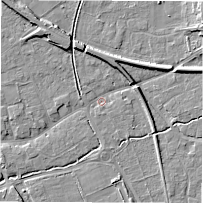 Shaded relief map of the ground around SO518JB, computed from Environment Agency LiDAR. The ground here sits at about 17 m above sea level and falls 10 m across the surrounding 800 m. Surface water reaching this point runs off ground lying to the east-north-east, 6.6 m higher.