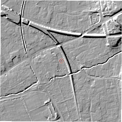 Shaded relief map of the ground around SO518JD, computed from Environment Agency LiDAR. The ground here sits at about 17 m above sea level and falls 20 m across the surrounding 800 m. Surface water reaching this point runs off ground lying to the north-north-east, 5.3 m higher.