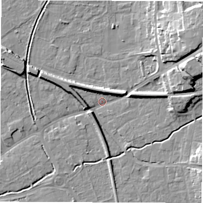 Shaded relief map of the ground around SO518JE, computed from Environment Agency LiDAR. The ground here sits at about 17 m above sea level and falls 21 m across the surrounding 800 m. Surface water reaching this point runs off ground lying to the east-north-east, 20.3 m higher.