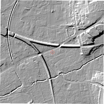 Shaded relief map of the ground around SO518JF, computed from Environment Agency LiDAR. The ground here sits at about 18 m above sea level and falls 22 m across the surrounding 800 m. Surface water reaching this point runs off ground lying to the north-east, 20.5 m higher.