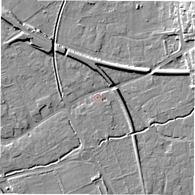 Shaded relief map of the ground around SO518JL, computed from Environment Agency LiDAR. The ground here sits at about 17 m above sea level and falls 17 m across the surrounding 800 m. Surface water reaching this point runs off ground lying to the north-east, 14.6 m higher.