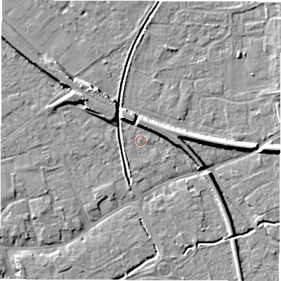 Shaded relief map of the ground around SO518LG, computed from Environment Agency LiDAR. The ground here sits at about 18 m above sea level and falls 8 m across the surrounding 800 m. Surface water reaching this point runs off ground lying to the north-west, 5.3 m higher.